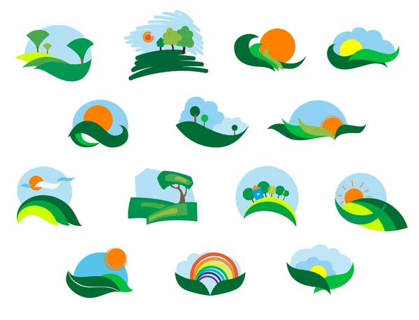 Summer and autumn agricultural landscape icons — Stock Vector