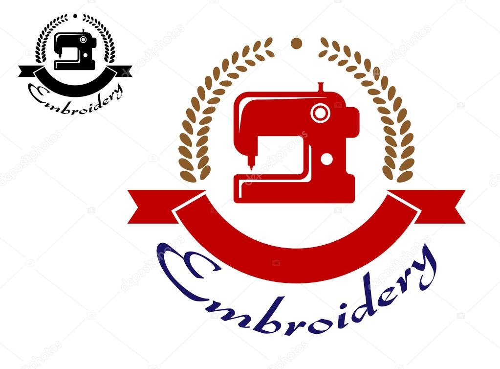 Embroidery or sewing emblem with sewing machine, ribbon and laurel wreath