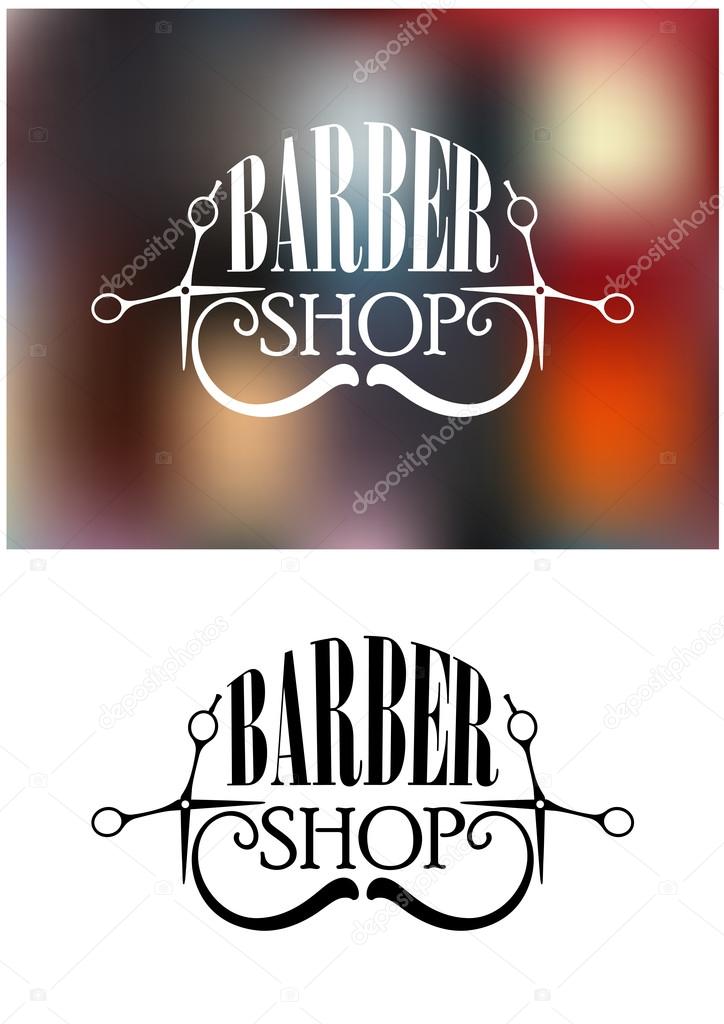 Two color variants of barber shop icon, emblem, label or logo,  with moustache and scissors, silhouette elements on white colored and colorful blurred background