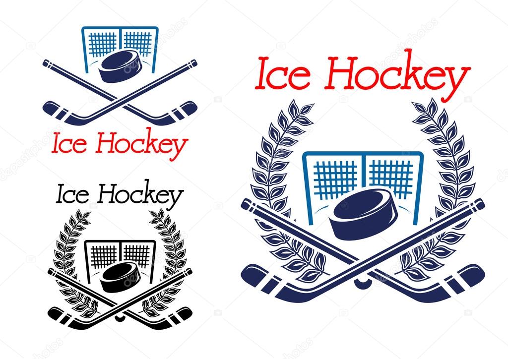 Ice hockey sporting emblems with hockey puck, net and sticks