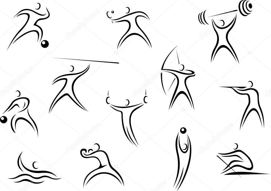 Set of sporting sketch line drawing icons depicting men in action in a wide variety of sports in black and white