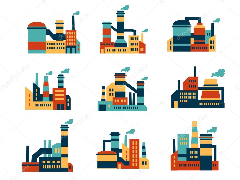 Flat industrial buildings and factories icons