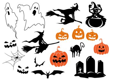 Halloween temalı tasarım öğeleri ve karakterler