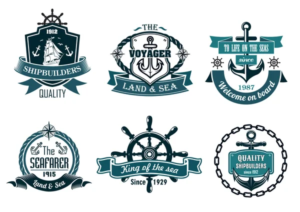 Niebieski morskie i żeglarstwo banery tematyczne lub ikony — Wektor stockowy
