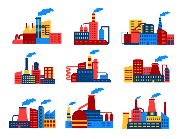 Edificios industriales iconos planos — Vector de stock