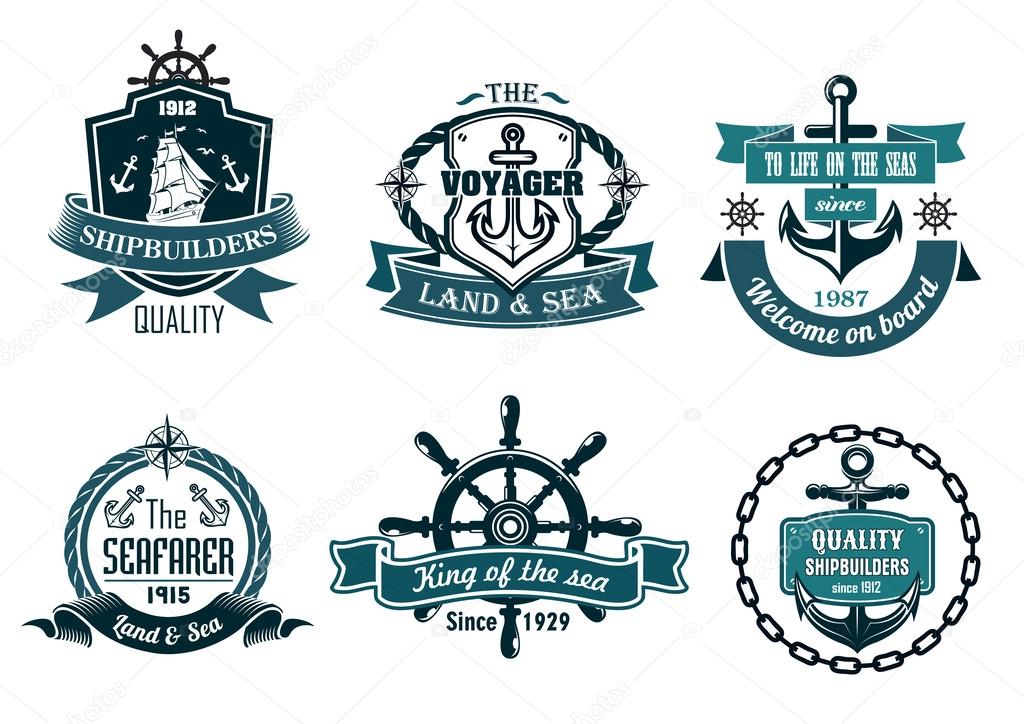 Blue nautical and sailing themed banners or icons with ship, anchor, rope, steering wheel and ribbons