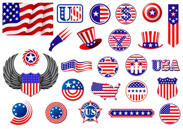 Amerikanische patriotische Abzeichen, Symbole und Etiketten — Stockvektor