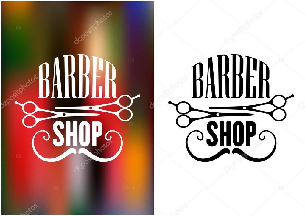 Barber shop icon, emblem or label with moustache and scissors silhouettes for service industry design