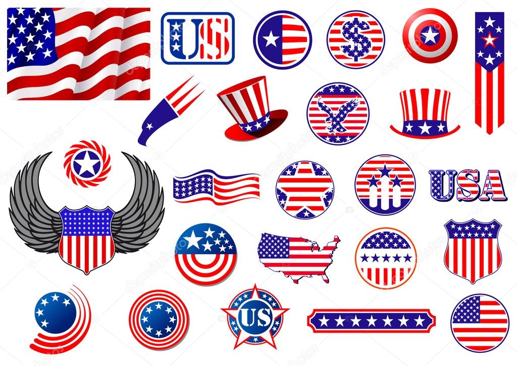 American patriotic badges, symbols and labels