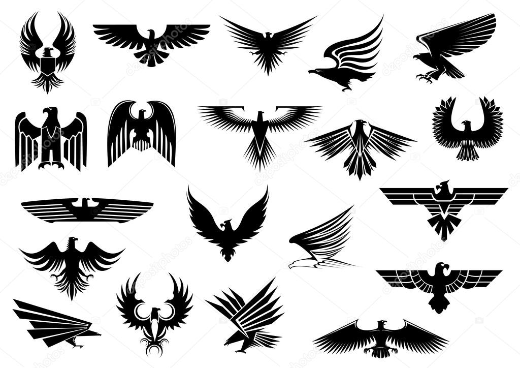 Heraldic black eagles, falcons and hawks set spread wings, isolated on white background