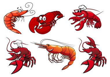 personaggi di frutti di mare di gamberetti, gamberi e aragoste