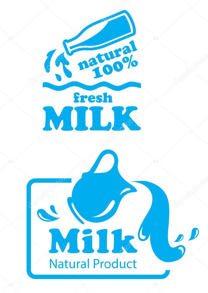 Natural Milk labels or badges in a pretty fresh blue and white with milk pouring from a bottle in the first and pouring from a jug in the second with text