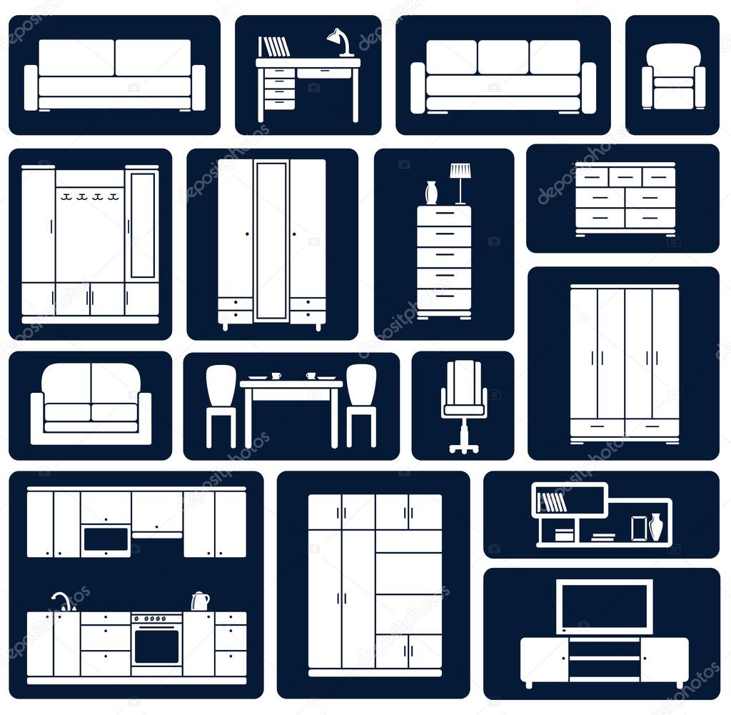 Flat office and home furniture silhouette icons