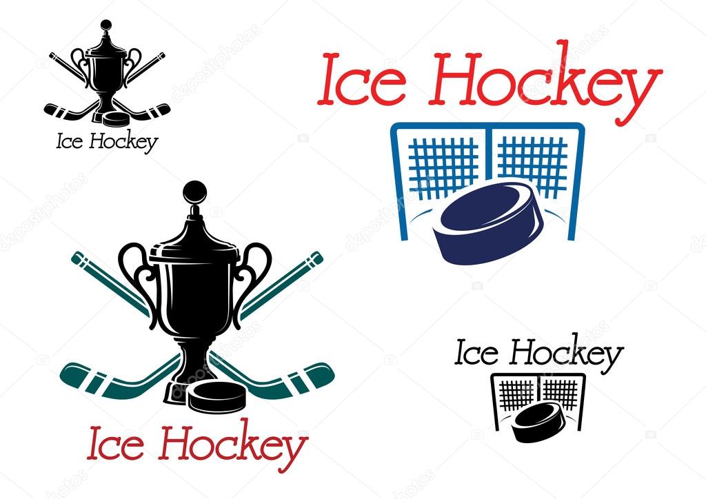 Green and black colored ice hockey team emblems with  puck, sticks, award, net and gate for sport design