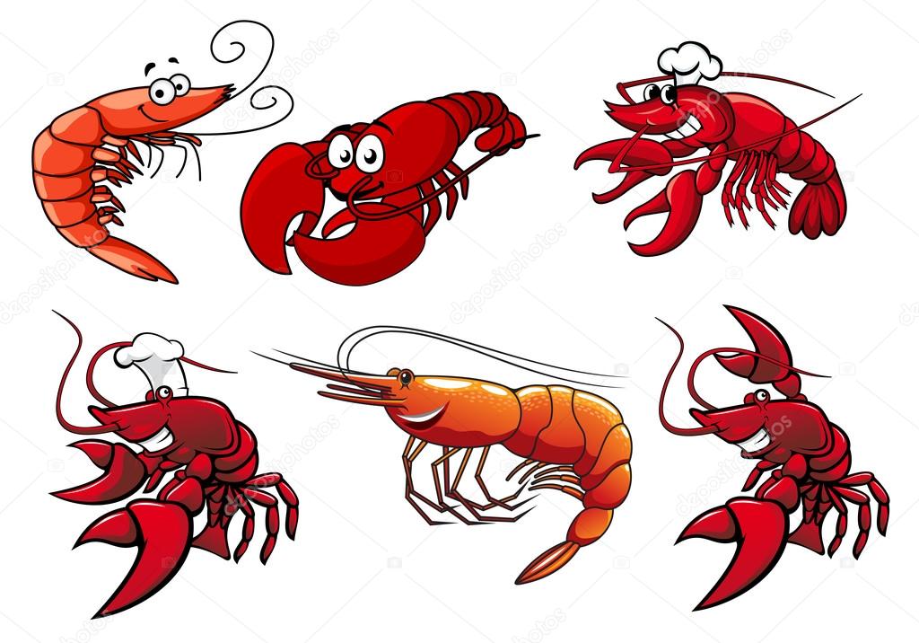 Seafood characters of shrimp, prawns and lobsters