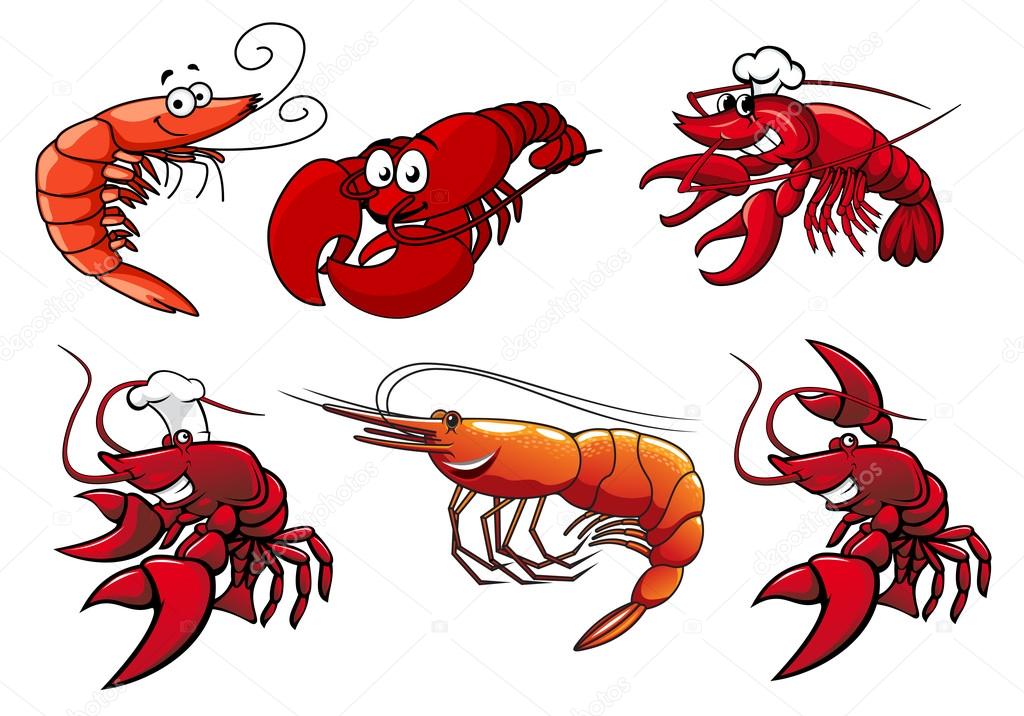 Cartoon red shrimp, crab and lobster characters with smiling faces and googly eyes isolated on white for seafood or another design