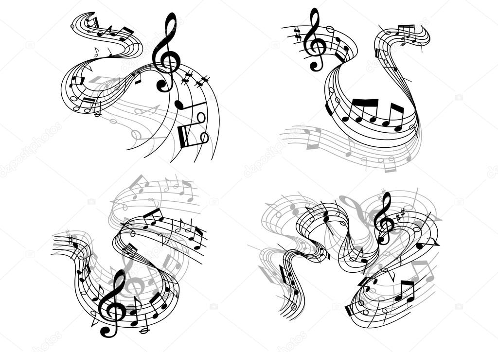 Abstract musical compositions depicting swirling staffs with clefs and music notes