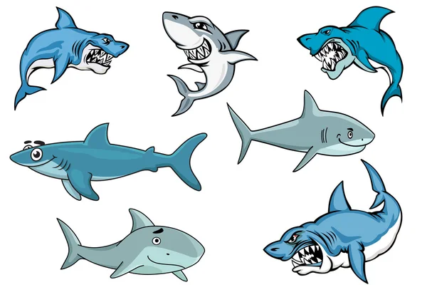 Γελοιογραφία καρχαρίες με διάφορες εκφράσεις — Διανυσματικό Αρχείο