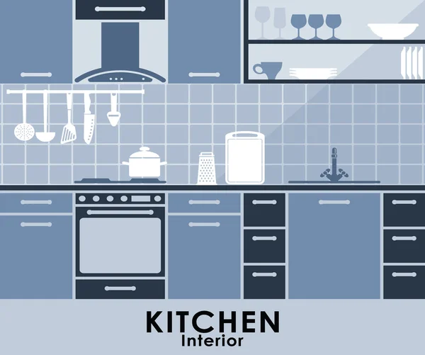 蓝色的厨房内部在平面样式 — 图库矢量图片