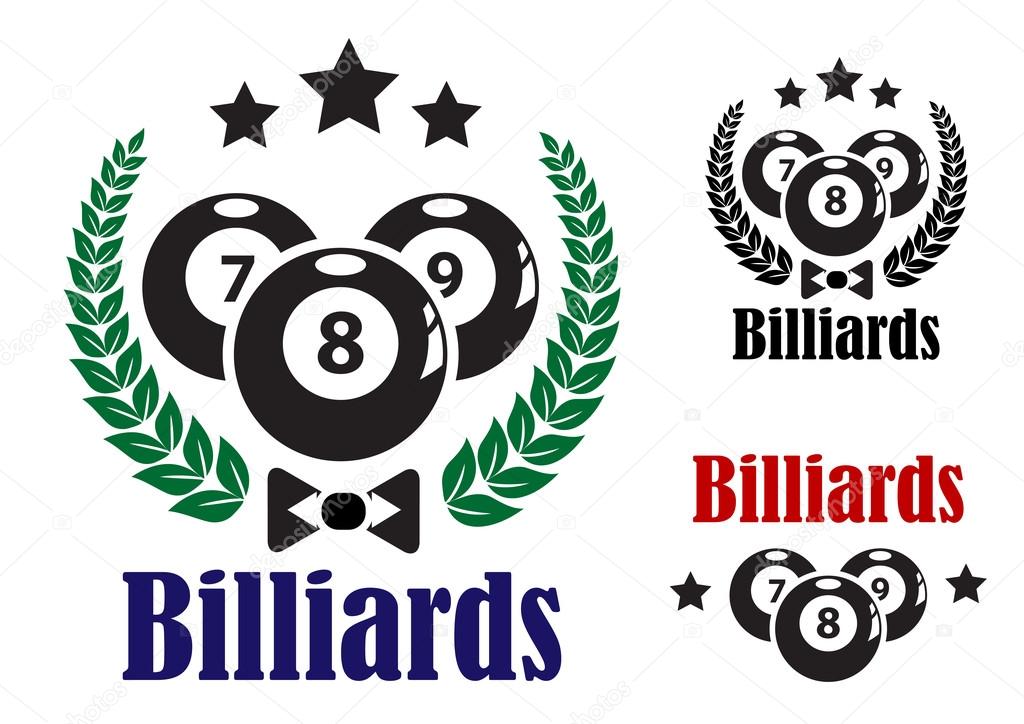 Billiards badges or emblems for an eight ball game with three balls, wreaths, stars and text  Billiards isolated on white