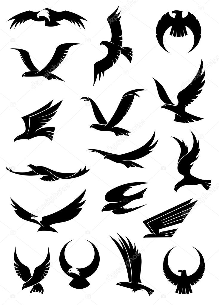 Flying eagle, falcon and hawk vector logo icons showing different wing positions in black silhouette, some with white heads for heraldic or tattoo design