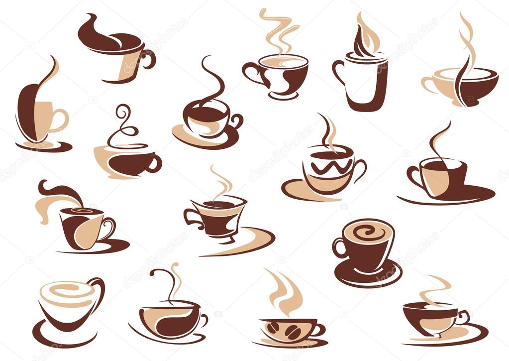 Coffee cup icons in shades of brown with doodle sketches of steaming cups of coffee, cappuccino and espresso