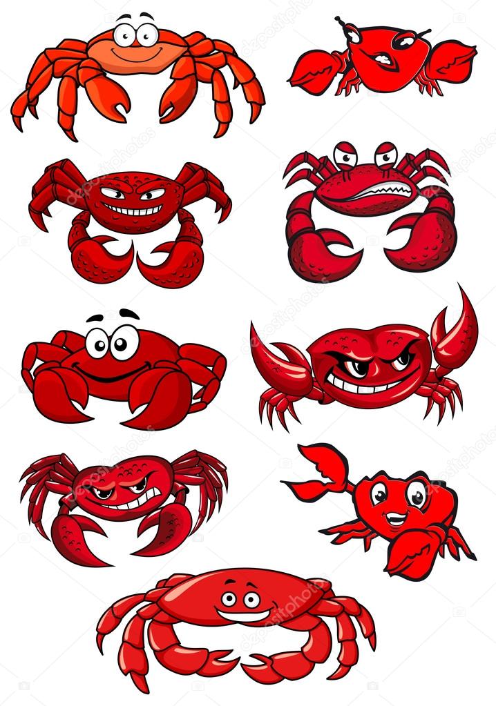 Set of red cartoon marine crabs