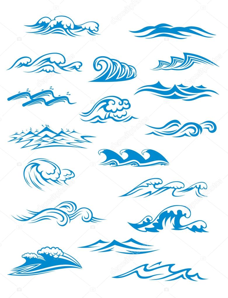 Ocean or sea waves, surf and splashes set curling and breaking in a pretty turquoise blue for marine and nautical themed concepts, vector illustration on white