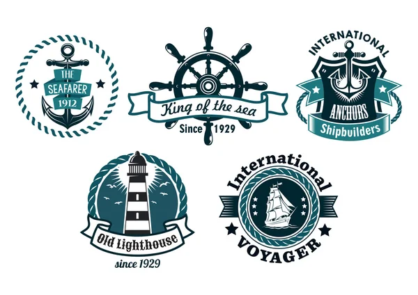 Emblemas o insignias de temática náutica — Archivo Imágenes Vectoriales