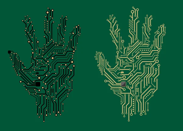 Empreintes de main avec cartes de circuits électriques — Image vectorielle