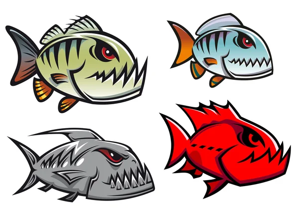 Cartone animato colorato pirhana personaggi del pesce — Vettoriale Stock