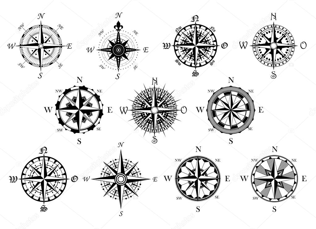 Vector antique compasses with ornate dials for use as design elements in vintage or retro nautical and marine concepts, black and white
