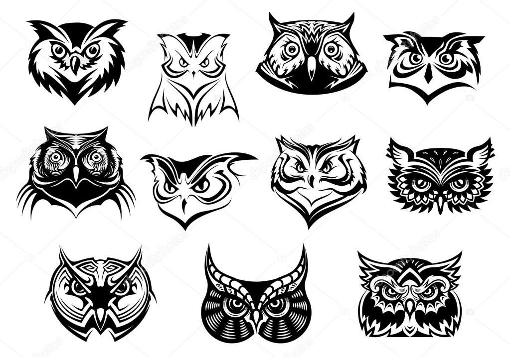 Large set of black and white vector owl heads showing different species and plumage, vector illustration isolated on white