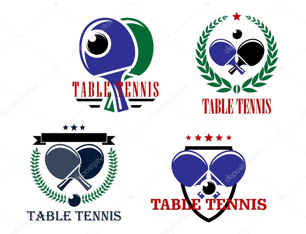 Table Tennis vector emblems or badges logo each with crossed bats and a ball in laurel wreaths or a shield with text Table Tennis