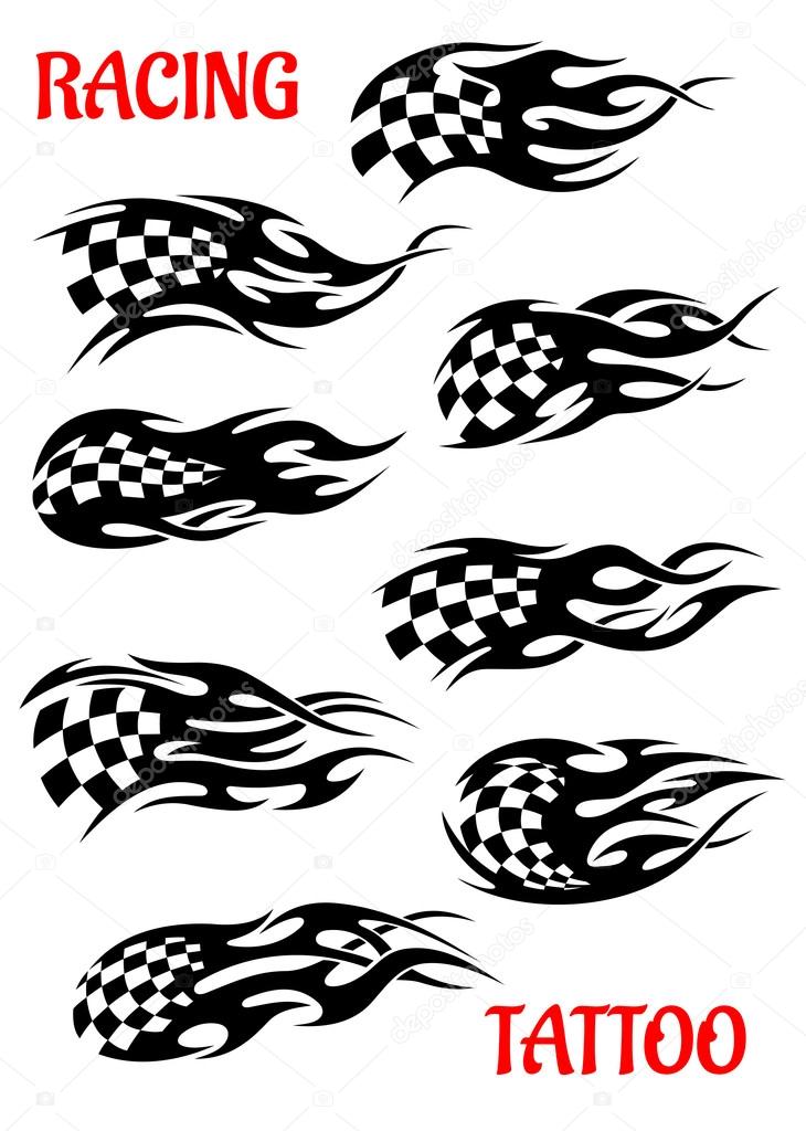 Set of motor racing vector tattoos of black and white checkered flags flying in the wind or with trails depicting motion and speed