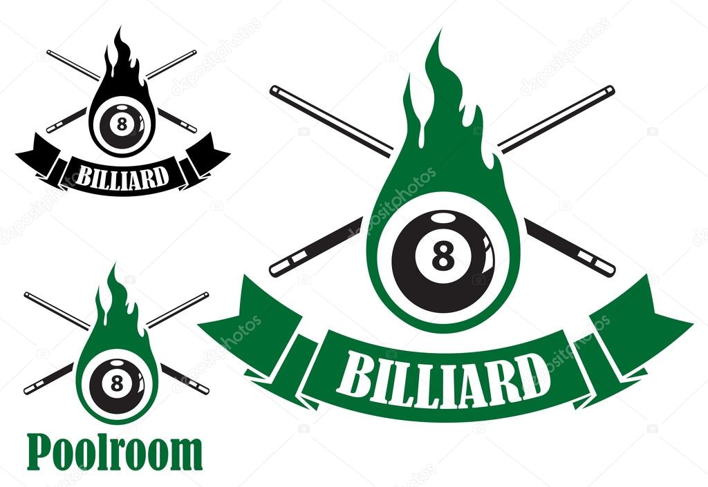 Billiard icons with crossed cues behind a flaming number 8 ball, two with ribbon banners and text Billiard, and the third with text Poolroom