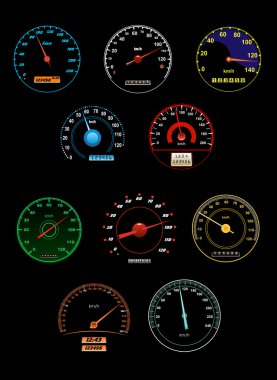 Speedometers set with dials and gauges with needle pointers clipart