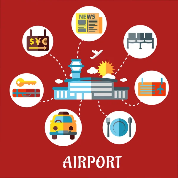 Concepto plano de servicio de aeropuerto y vuelo — Vector de stock