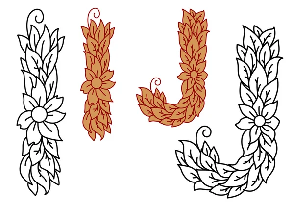 Letras florales y foliadas del alfabeto I y J — Vector de stock