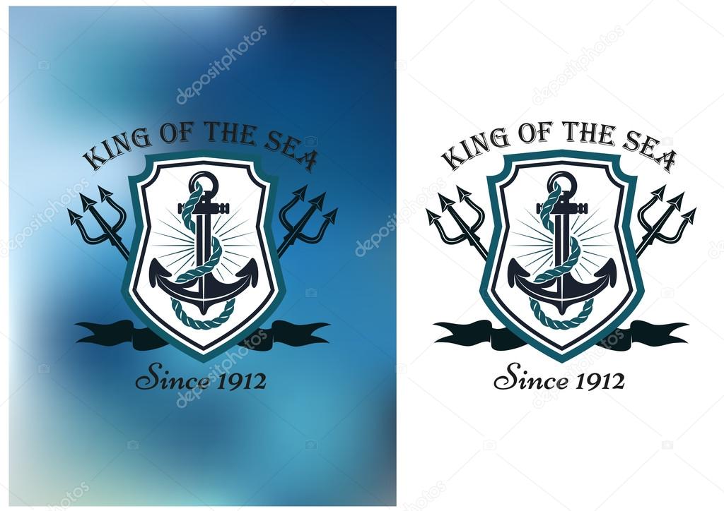 King Of The Sea nautical themed badge or logo showing a ships anchor in a frame with crossed tridents on a white and blurred blue background, vector illustration