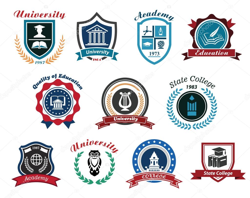 University, academy and college emblems or logos set for education industry design. Isolated on white background