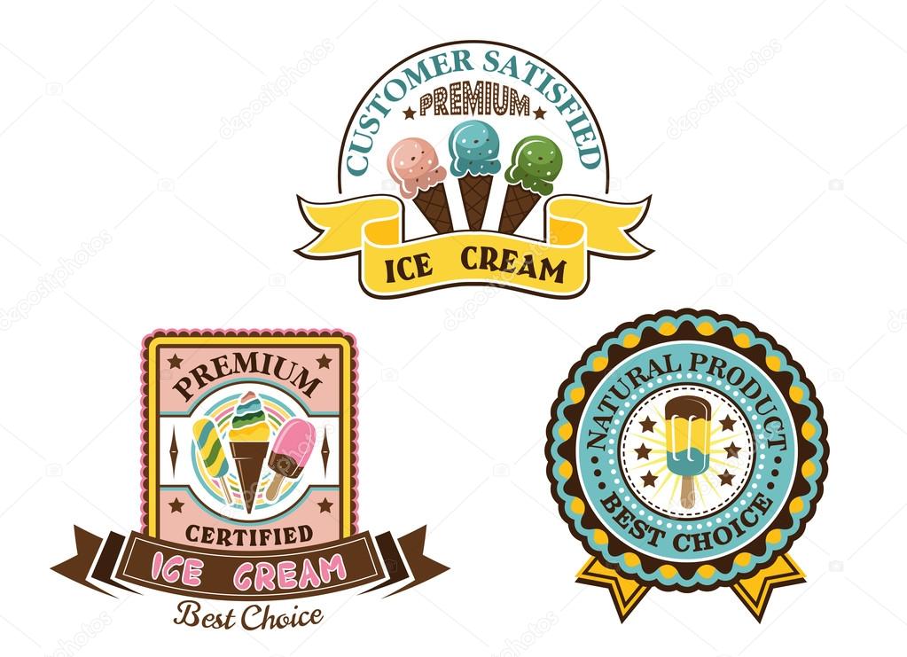 Ice cream badges and labels in circular and square frames showing ice lollies and cones with various text, vector illustration on white
