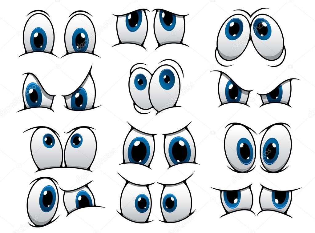 Large set of people cartoon eyes depicting a variety of expressions with anger, sadness, surprise and happiness with blue irises, vector illustration on white