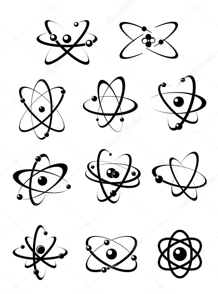 Set of atom icons for scientific themed concepts with particles in orbit revolving around a nucleus in black and white vector illustrations