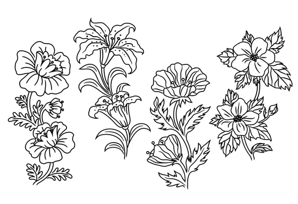 黒と白のアウトラインの夏の花 — ストックベクタ
