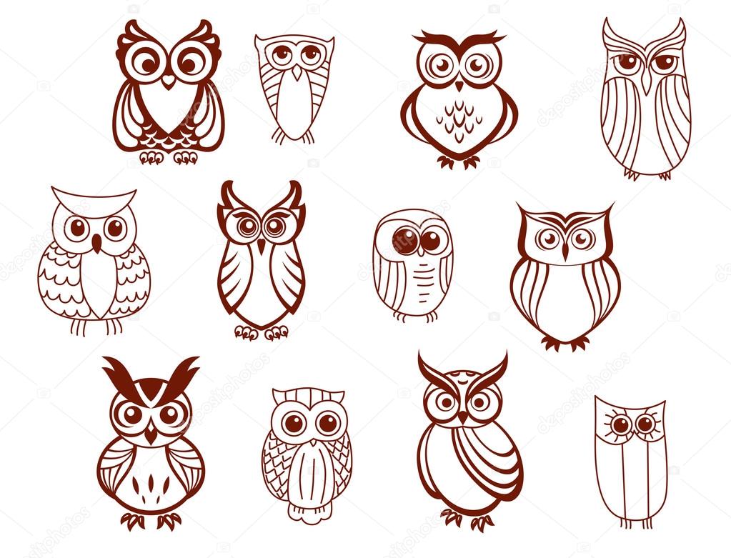 Set of line drawn cartoon vector owls characters with cute expressions and large eyes in brown and white