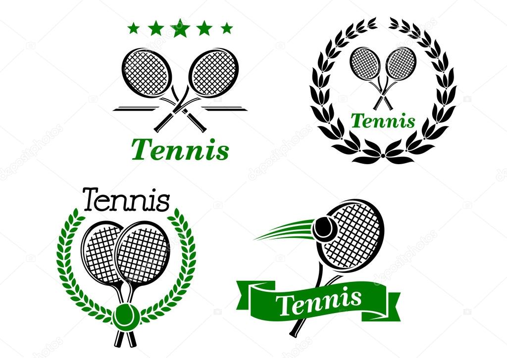 Tennis icons,emblems  or badges with crossed or single rackets, two in circular wreaths with various text in black and green, vector illustration on white