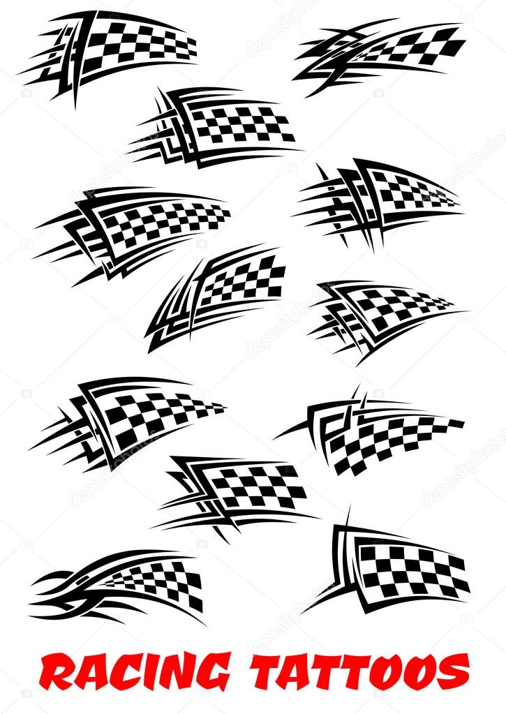 Checkered flags set stylized as racing tattoos or icons