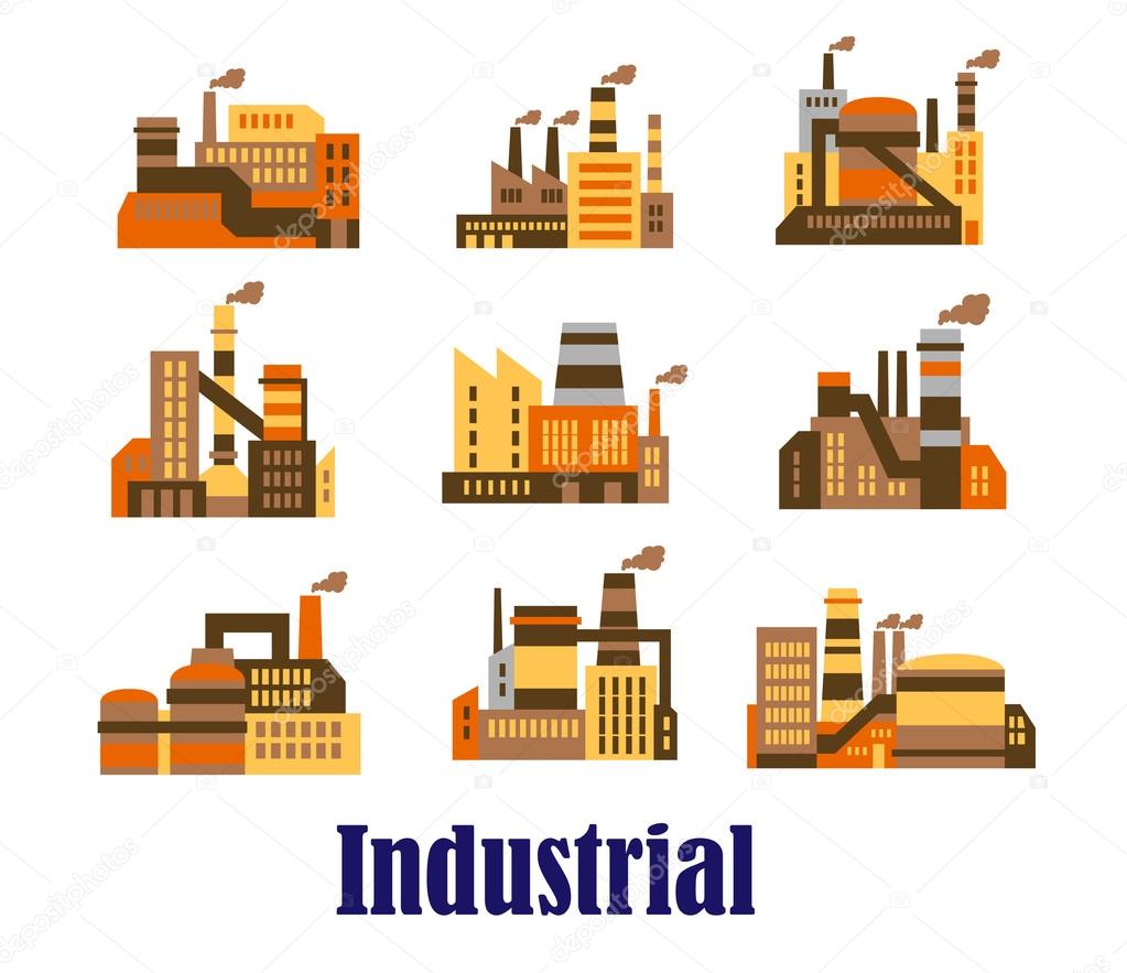 Flat industrial icons of plants and factories