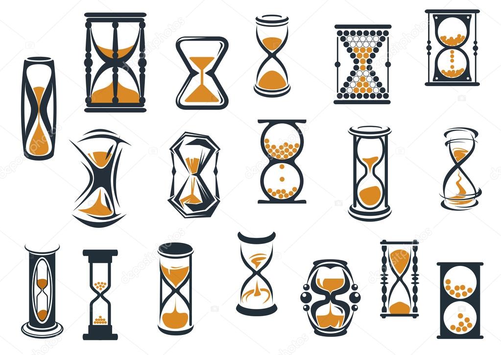 Egg timers and hourglasses in brown and black in various shapes showing sand running through measuring passing time, vector illustration on white